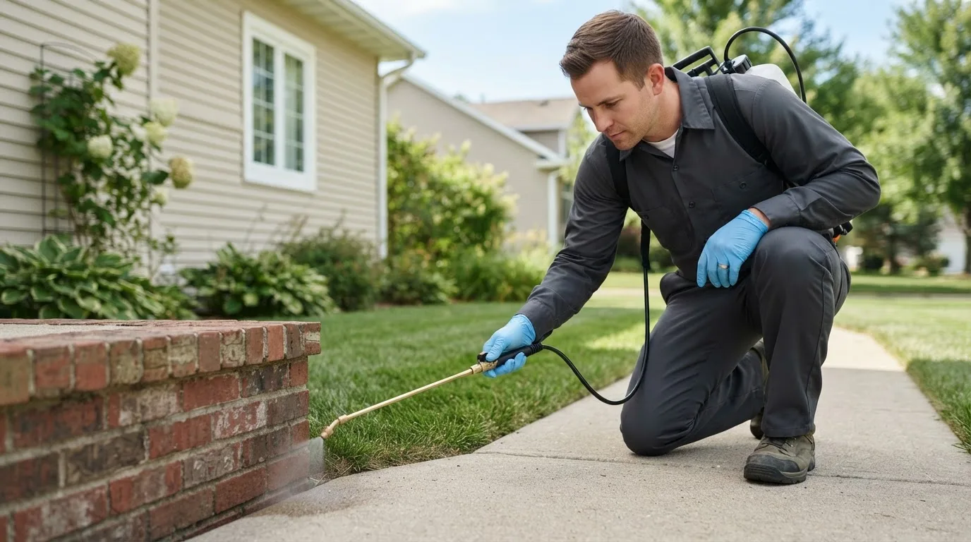 Pest control technician treating a home near Norwood, MA